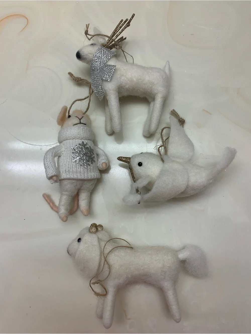 Handmade Wool Felt Small Animal Ornaments - White & Cream